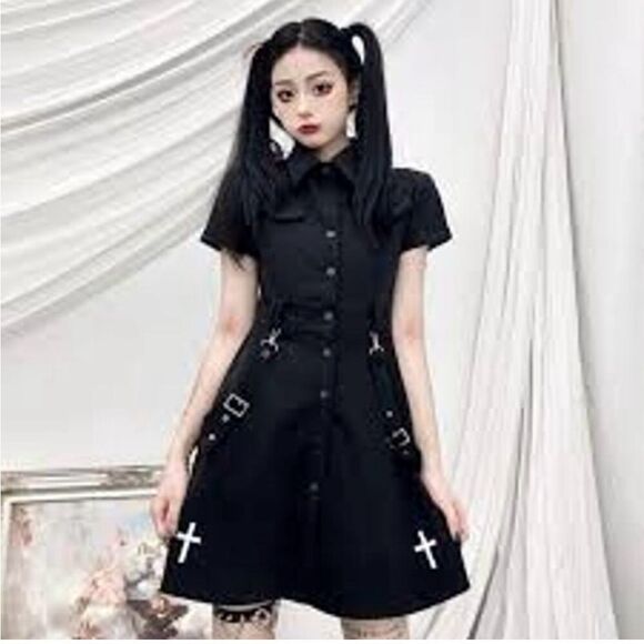 S/M Black Goth Cross Button-Up Mini Dress, Whimsigoth, Gothic Vamp OF-26 - Picture 5 of 10